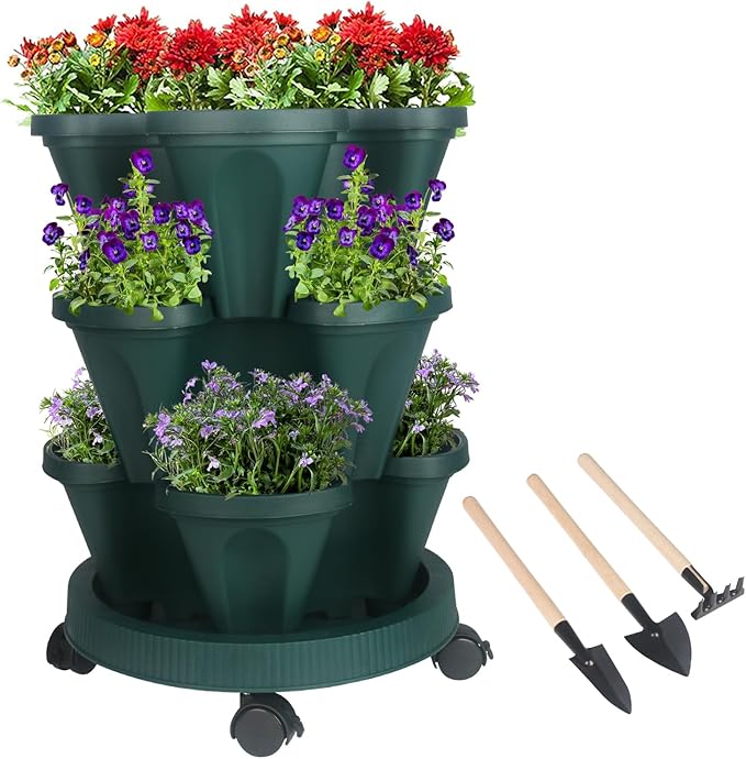 GameXcel Vertical Planter 3 Tier Stackable Planters Garden Planters Strawberry Herb Flower and Vegetable Planter Indoor Outdoor Gardening Pots with Removable Wheels and Tools by GameXcel