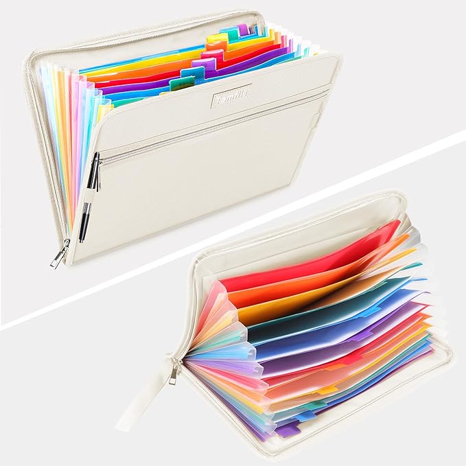 Fireproof Safe Waterproof Accordion File Bag Folder Expanding Filing Folder with 14 Multicolored Pockets, A4 Letter Size, Document Organizer Holder and Color Labels /2 Zipper (Beige 14.3" x 9.8") - Image 4