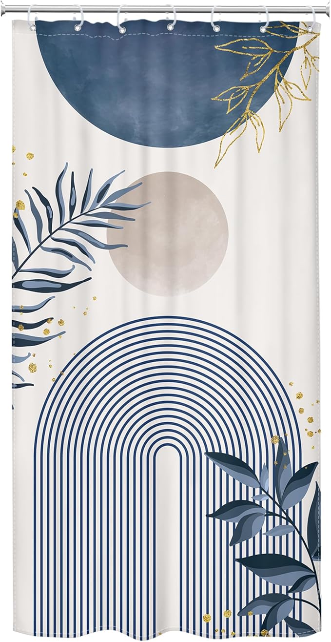 Small Stall Boho Shower Curtain 36Wx72H RV Blue Modern Mid Century Abstract Leaves Plant Minimalist Geometric Bathroom Decor Half Narrow Standing Bath Curtain Fabric Polyester 7 Pack Hook - Image 7