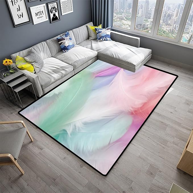 Multicolored Feathers Printing Patterns Area Rug - Lightweight, Fade, Flame, Quick Dry, Stain Resistant, Waterproof Floor Carpet for Living Room Bedroom, 78 x 120 Inch - Image 2