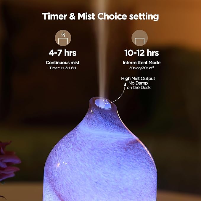 Essential Oil Diffuser Hand Blown Glass Aromatherapy Diffuser - Ultrasonic Cool Mist Scent Aroma Diffuser, Whisper Quiet with Auto Shut-Off, Timer Setting &7 Colors Night Light for Home - Image 4