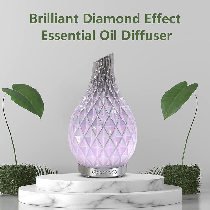 MAXWINER Essential Oil Diffuser Handmade Art Glass Aromatherapy Ultrasonic Humidifier with 7 Colors Lights Changing, Waterless Auto Shut-Off, Time Setting for Home, Office, Room 120ml (Diamond) - Image 3