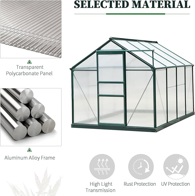 Outsunny 6' x 8' Greenhouse for Outdoors, Polycarbonate Greenhouse with Rain Gutter and Roof Vent, Aluminum Walk-in Green Houses for Outside for Patio Backyard Garden, Dark Green - Image 3