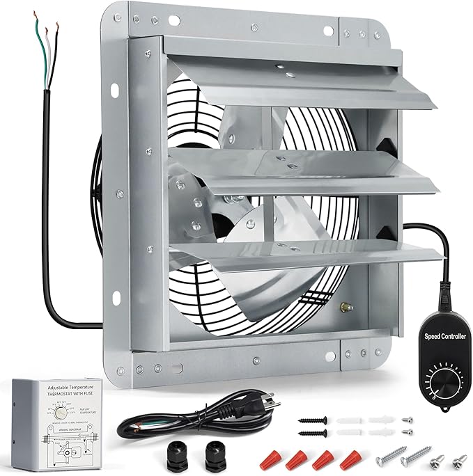 10 Inch Shutter Exhaust Fan, Wall Mount Attic Fan with Thermostat and Speed Controller for Greenhouses, Sheds, Garages, Chicken Coops, Barns Ventilation, 820 CFM by Hipoilk
