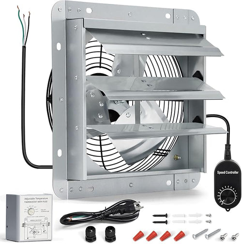 10 Inch Shutter Exhaust Fan, Wall Mount Attic Fan with Thermostat and Speed Controller for Greenhouses, Sheds, Garages, Chicken Coops, Barns Ventilation, 820 CFM by Hipoilk