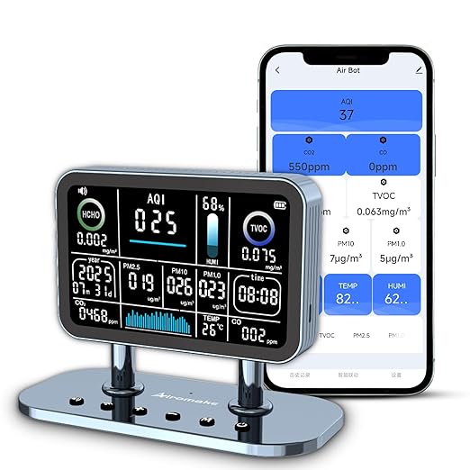 Air Quality Monitor Indoor,16 in 1 Smart Air Quality Monitor 6" Indoor Air Quality Meter VOC, AQI, HCHO, CO, Alarm, PM1.0, Temp, HUMI&CO2 PM2.5 Monitor,Indoor Air Quality Test for Home WiFi Connect by Airomake