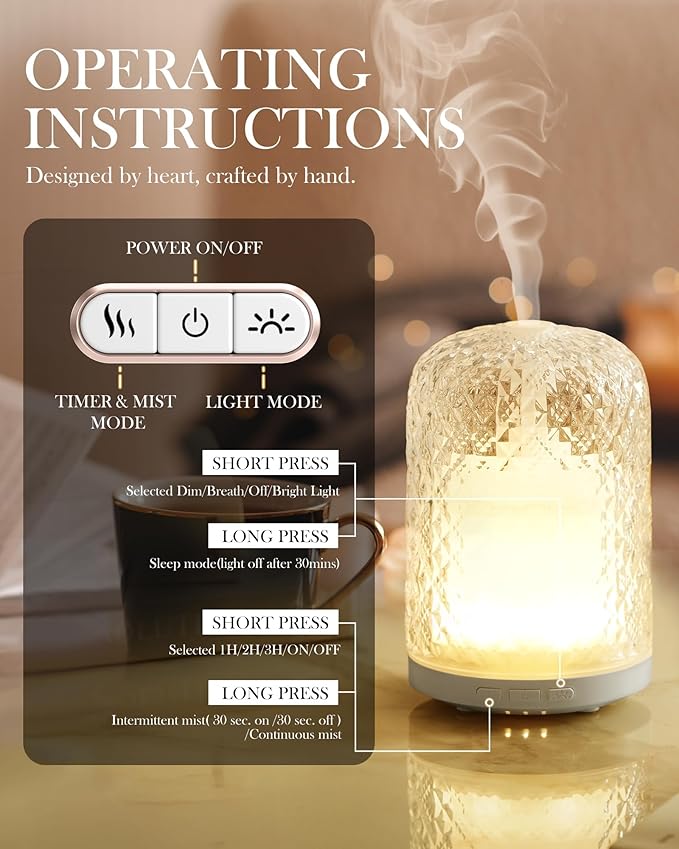 Essential Oil Diffuser – 2.4MHz Ultrasonic Aromatherapy Diffuser, Health Night Light, Timer & Auto Shut-Off, BPA-Free, 120ml Glass Oil Diffuser for Home, Office, Spa, Yoga - Image 3