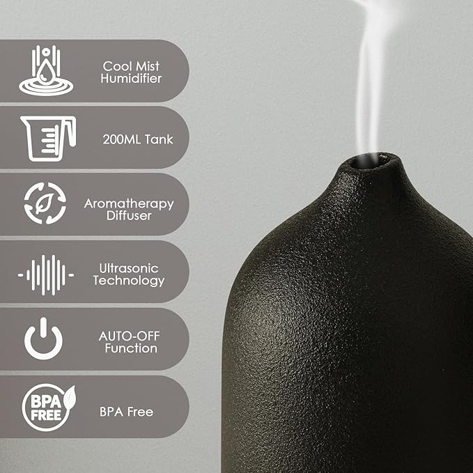 Diffuserlove Ceramic Essential Oil Diffuser Aromatherapy Diffusers for Home Bedroom Air Stone Diffuser Black Base - Image 3