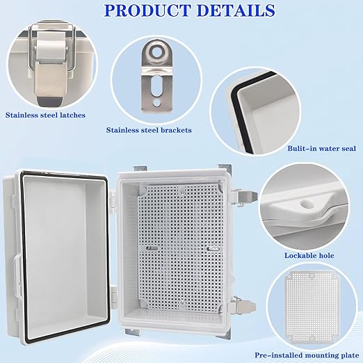 Waterproof Electrical Box with Mounting Plate, IP67 Junction Box Stainless Steel Latch Hinged Grey Cover Project Enclosure with Wall Bracket and 2 Glands 8.3" x 6.3" x 3.9" - Image 3