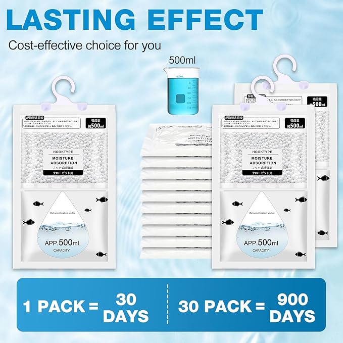 Nuanchu 30 Pack 500 ml Moisture Absorber Hanging Closet Dehumidifier Bags Unscented Hanging Humidity Absorber Desiccant Moisture Absorb in Wardrobes Bedrooms Bathrooms Kitchen - Image 3