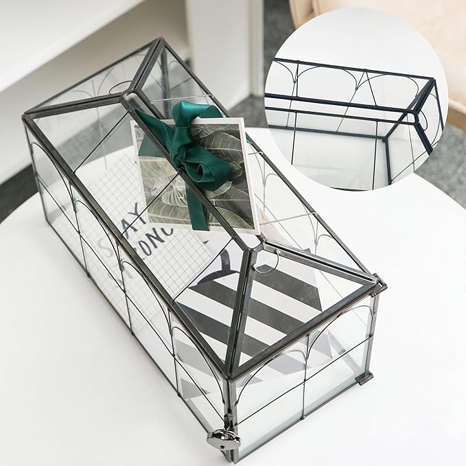 Wedding Card Box with Slot, 12.6'' Large Glass Card Boxes for Reception, Black Geometric Holder, Clear Decorative Storage Box with Lock for Baby Shower, Birthday Party, Christmas, Bridal Shower - Image 4