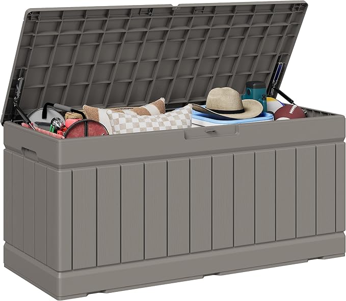 JUMMICO 78 Gallon Outdoor Deck Box Large Resin Storage Box for Patio Furniture Cushions and Garden Tools (Light Brown) by JUMMICO