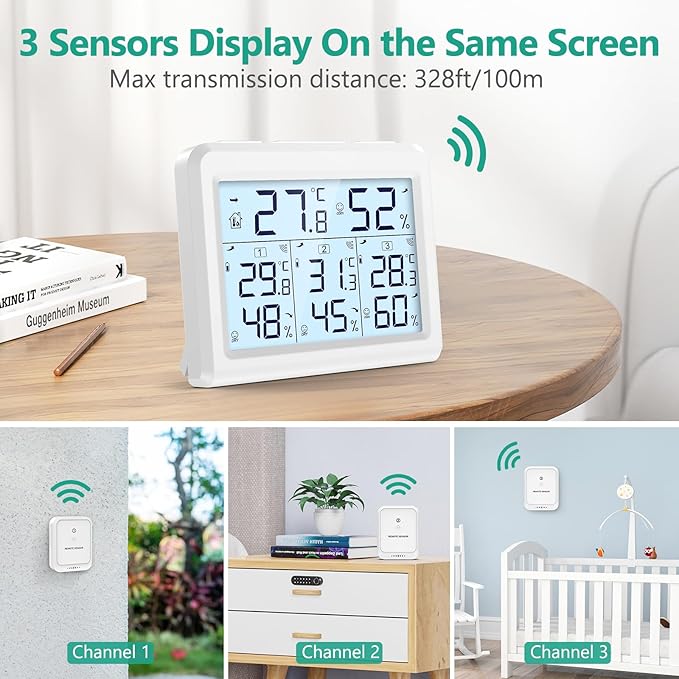 ORIA Indoor Outdoor Thermometer, Digital Hygrometer Thermometer, Wireless Temperature and Humidity Gauge Monitor with 3 Sensors, LCD Backlight for Home, Office, Bedroom, White - Image 3