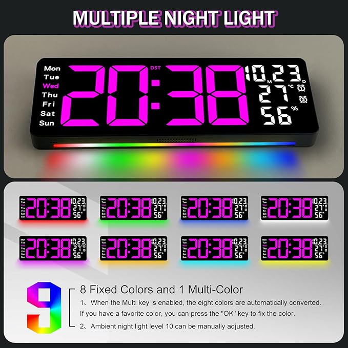 JoFomp 17.3" Large Digital Wall Clock, LED Digital Clock Large Display with Remote Control, Alarm Clock with Temp/DST/Dimmer/Humidity/Timer/Ambient Light - 12/24H, Alarm Wall Clock for Bedroom - Image 3