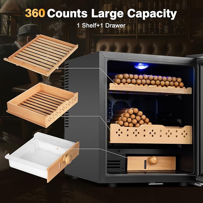Electric Cooler Cabinet 50L with Temperature and Humidity Control, Spanish Cedar Wood Shelves and Safety Lock (370 Counts Capacity), Gift for Men - Image 5