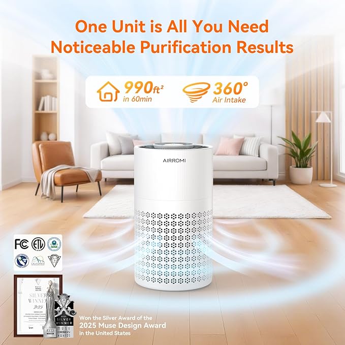 AIRROMI Air Purifier for Bedroom with HEPA 3-in-1 Filter, Pet Air Purifier for Home Cat Pee Smell, Covers Upto 990 Ft², Quiet 360° intake Air Cleaner for pet hair,allergies,Dust,Smoke A2001 White - Image 2