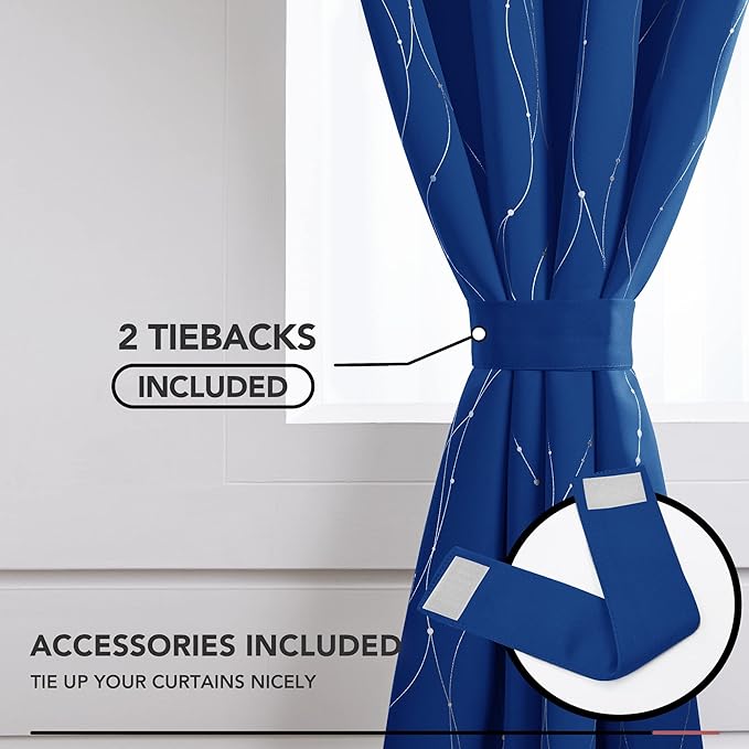 Deconovo Blackout Curtains, 52 x 108 Inch Drape for Sliding Door with Wave Dot Silver Print, Soundproof Thermal Insulated Window Curtain for Bedroom Living Room, Set of 2, Machine Washable, Royal Blue - Image 4