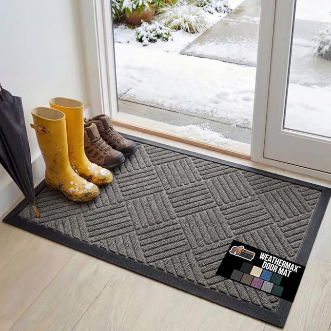 GORILLA GRIP 100% Waterproof All-Season WeatherMax Doormat, 47x35, US Designed Natural Rubber, Stain and Fade Resistant, Low Profile Indoor Outdoor Door Mats, Easy Clean Patio Mat, Gray Diamond by GorillaGrip