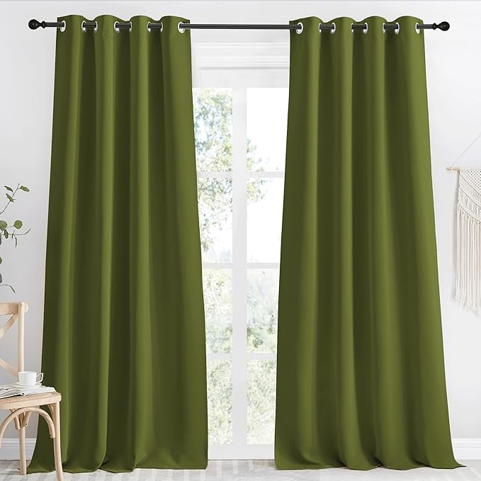 NICETOWN Kitchen Blackout Window Curtain Panel, Olive Green, 1 Panel, 55 by 90 inches Long, Home Fashion Thermal Insulated Solid Grommet Room Darkening Drape for Apartment by NICETOWN