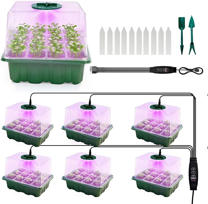 6 Pack Seed Starter Kit with Grow Light 72 Cells Plant Starter Trays with 3.9 Inch Adjustable Humidity Dome Reusable Indoor Plant Germination Tray for Gardening by Unknown