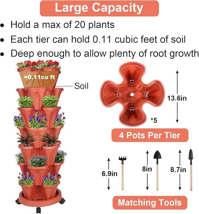GameXcel Vertical Planter 7 Tier Stackable Planters Garden Planters Strawberry Herb Flower and Vegetable Planter Indoor Outdoor Gardening Pots with Removable Wheels and Tools - Image 5