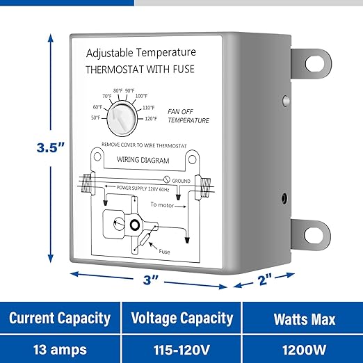 Simple Deluxe 12 Inch Wall Mounted Shutter Exhaust Fan with Temperature Controller and Power Cord Kit, Aluminum, 1600 RPM, 940 CFM, for Attic, Garage, Louvered Vent, Plant, Greenhouse, Silver - Image 2