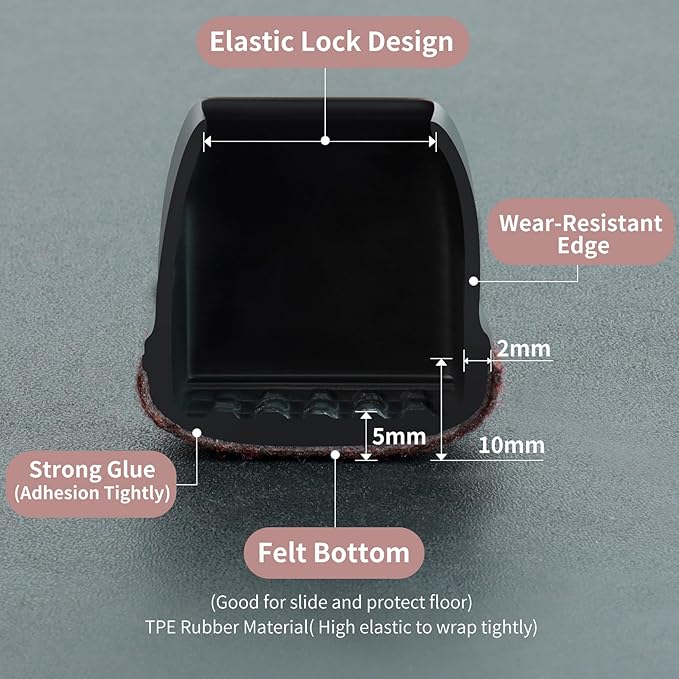 16PCS Extra Large Chair Leg Floor Protectors, Felt Furniture Pads for Hardwood Floors, Square Black Sofa Bed Dining Table Chair Leg Covers to Protect Floors and Prevent Scratches & Noise(Fit:1.5"-2") - Image 3