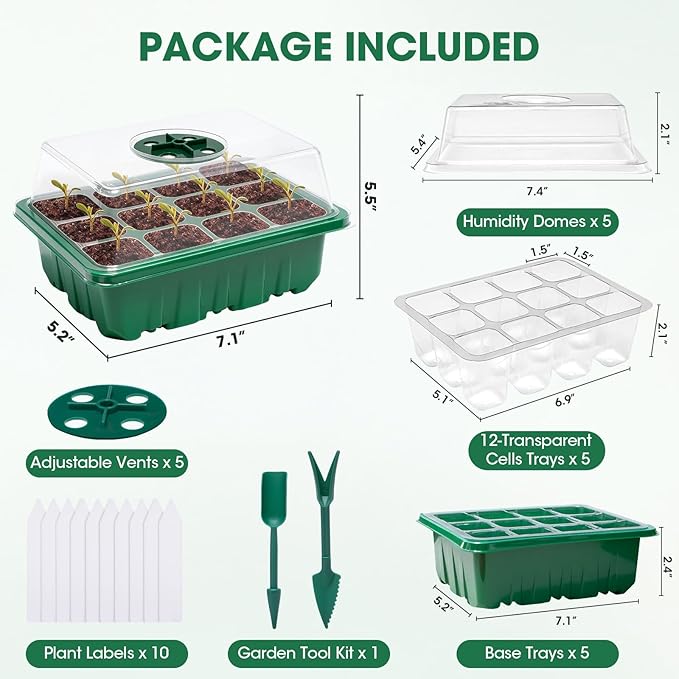 5 Packs Seed Starter Tray with Humidity Dome, Seed Starter Kit with Transparent Drain Hole Base Indoor Greenhouse Mini Propagator for Seeds Growing Starting(60 Cell Trays, Green) - Image 6
