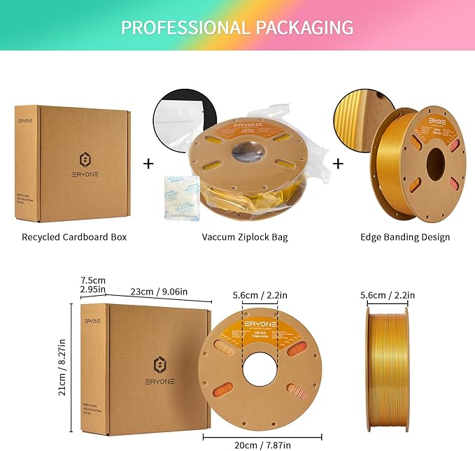 ERYONE Silk Tri Color PLA Filament 3D Printer 1.75mm +/- 0.03mm, Multicolor Filament Tricolor PLA 1KG(2.2lbs) Cardboard Spool, Turquosie&Reddish Orange&Gold - Image 6
