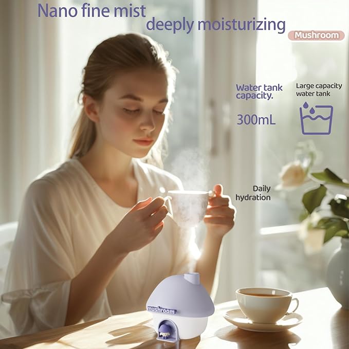 Portable Mini Humidifier, 300ml Small Cool Mist Humidifier, Personal Desktop Humidifiers for Baby Bedroom Travel Office Home,7 Modes of sunset atmosphere light, 2Modes of night light - Image 2