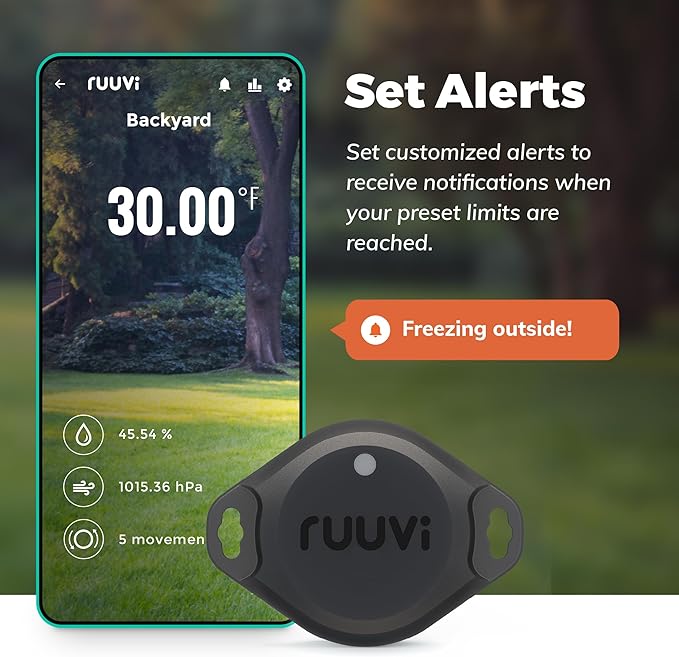 RuuviTag Pro 4in1 Wireless Bluetooth Temperature (°C/°F), Air Humidity, and Air Pressure. Alerts & History. Free Android/iOS apps. Integrates with Victron, Homey, and Home Assistant. Made in Europe. - Image 4