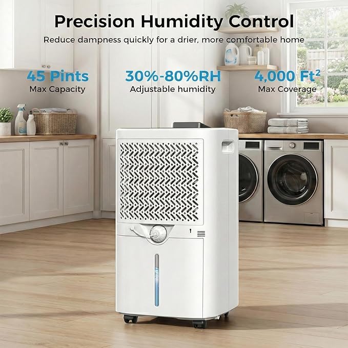 4,000 Sq. Ft Dehumidifier for Basement, 45 Pint Dehumidifiers for Home with Drain Hose, Smart Humidity Control, Auto Defrost, Auto Restart, 24H Timer, for Bedroom, Bathroom, RV, Garage - Image 2