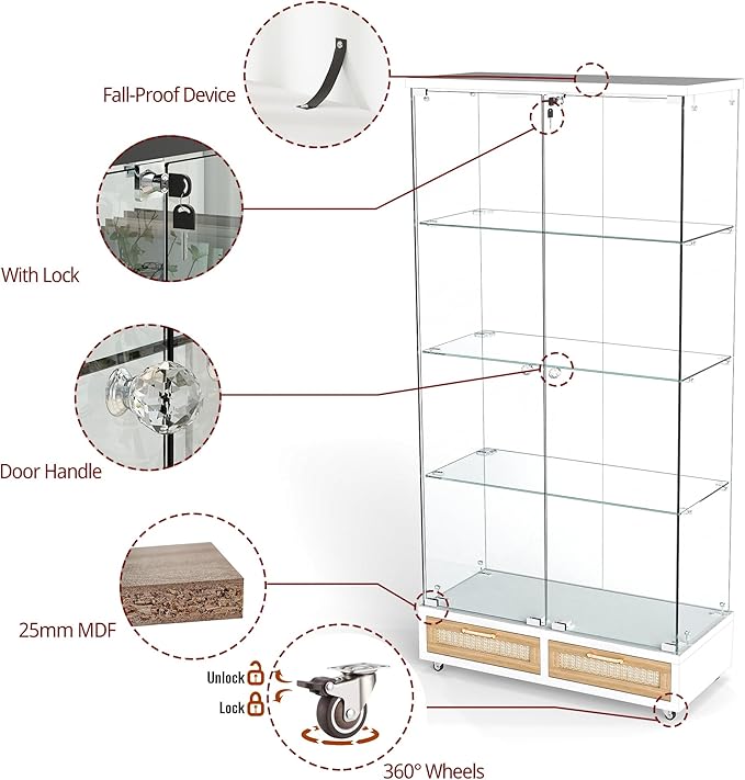 Yoluckea 4 Tier Glass Display Cabinet with LED Lighting and 2 Drawers, 2 Doors Floor Standing Curio Cabinet with Wheel for Home, Office, Corner Display, White Glass Bookshelf for Collections and Decor - Image 5