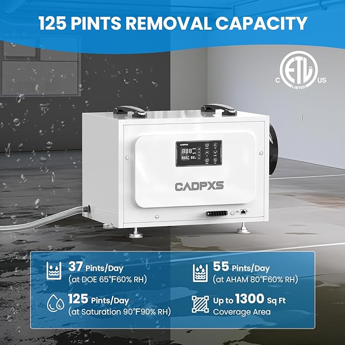 CADPXS Crawl Space Dehumidifier, 125 Pints Commercial Dehumidifiers with Drain Hose, Dehumidifier for Crawlspace, Basements & Water Damage Use, Auto Defrost & Memory Restart, cETL Listed - Image 3