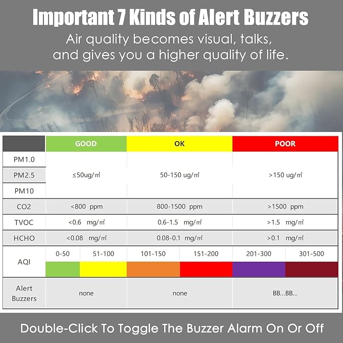 Professional Indoor Air Quality Monitor with AQI, Portable Real-Time Detector for Home Cars Plants and Pets (Smog Gray) - Image 5