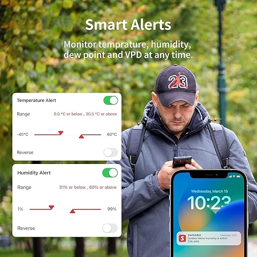 SwitchBot Wi-Fi Humidity Sensor 4 Pack with Hub 2 (Matter Enabled), IP65 Indoor Outdoor Thermometer Wireless, Humidity/Temperature/Dewpoint/VPD Sensor with Smart Alerts, Compatible with Alexa - Image 4