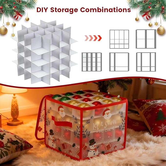 Christmas Bauble and Decoration Storage Cube with Dividers for 64 Balls - Christmas Ornament Storage Box | Folding 4 Layer Holder with DualZipper & Handles | Holiday Decor Organizing Container Bin - Image 7