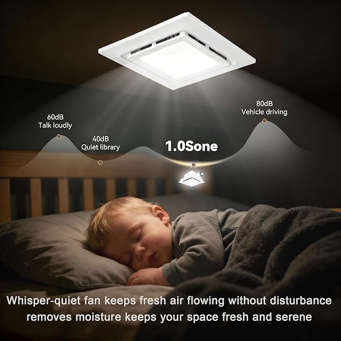 9.4" Quiet Bathroom Exhaust Fan with Led Lights, 110 CFM Whisper 1.0 sone, Ceiling 8"x8" Opening Square Panel Vent, Extractor for Ventilation, Garage, Basement, - Image 4