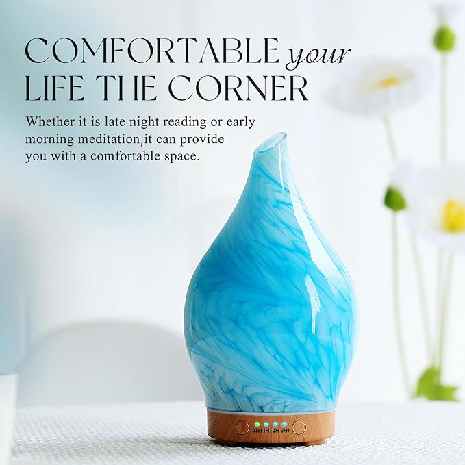Porseme 150ml Essential Oil Diffuser Glass Color Changing Aroma Air Diffusers Aromatherapy Ultrasonic Cool Mist Humidifier 6 Running Hours Waterless Auto-Off for Sleeping Yoga Office Spa (Blue Wave) - Image 4