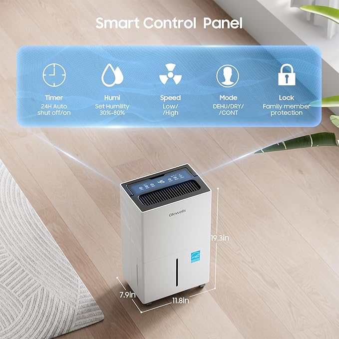4500 Sq.ft Energy Star Dehumidifier for Home Basement, Glowells 52 Pints Large Room Dehumidifier with Drain Hose & Water Tank 0.58 Gal, Dehumidifiers with Smart Humidity Control, Auto Defrost - Image 3