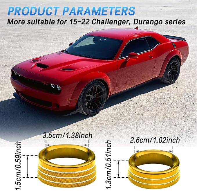 3PCS Air Conditioner Switch Button Knob Cover, Auto Accessories Climate Control Knob Covers, Aluminum Alloy Knob Ring Trim Cover Compatible with Dodge Challenger Durango 2015-2022 (Gold) - Image 6