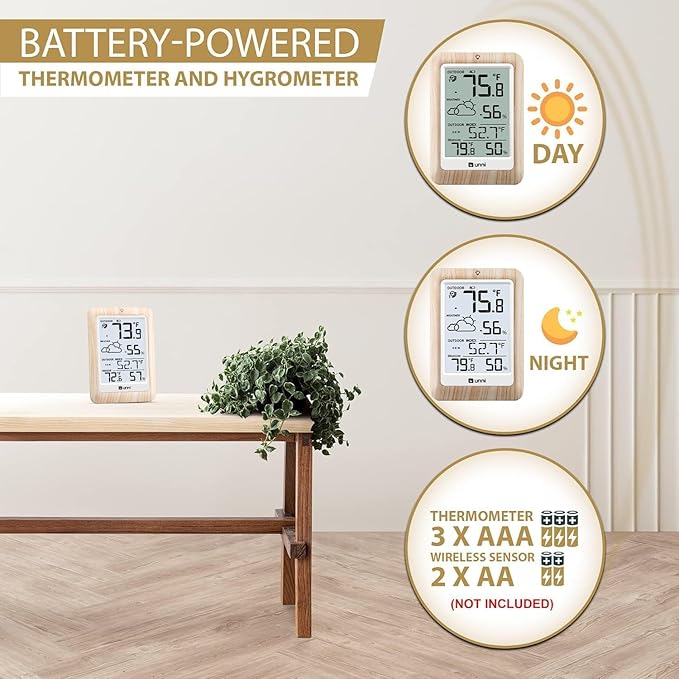 Indoor Outdoor Thermometer Wireless Weather Station, Temperature Humidity Monitor Battery Powered Inside Outside Thermometers with 330ft Range Remote Sensor and Backlight Display（Wood） - Image 3