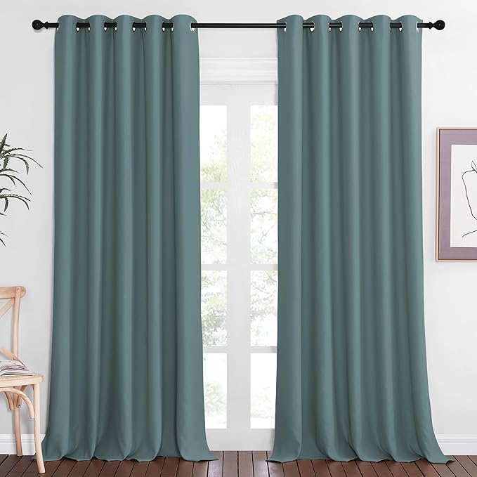 NICETOWN Patio Blackout Curtain Panels - Extra Wide Sliding Door Thermal Insulated Drape, Privacy Room Divider Curtain for Bedroom Office (Greyish Blue, 66 x 118 Inch Long) by NICETOWN