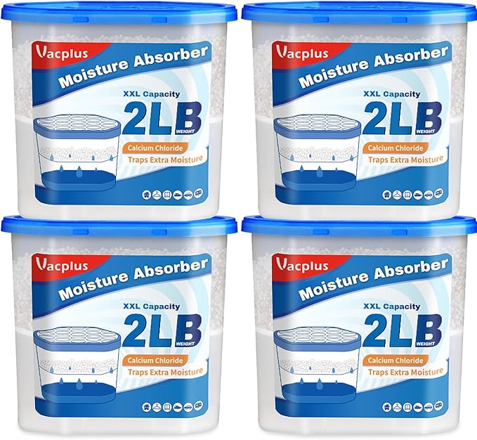Vacplus Moisture Absorber Buckets – Large Capacity Dehumidifier and Humidity Absorber for Closet, Basement, Bathroom, RV, and Storage Areas, Unscented, 2 lbs, 4 Pack by Vacplus
