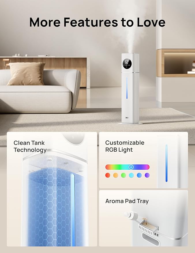 DREO HM735S 11L Smart Humidifier Large Room 700 ft², 100H Cool Mist Air Humidifiers for Bedroom, Top-Fill, Clean Tank Technology, 26dB, Auto Mode, Aroma Box, RGB, Remote & APP Control, Baby, Silver - Image 7