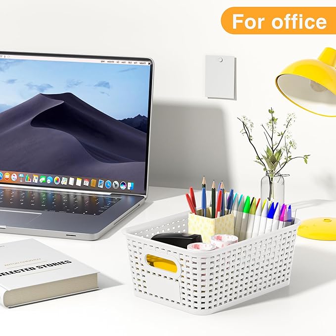 White Plastic Storage Baskets - Pack of 8 with Labels Stackable Durable Storage Bins, Storage Containers for Organizing Desktops, Closets, Playrooms, Classrooms, Offices - Image 8