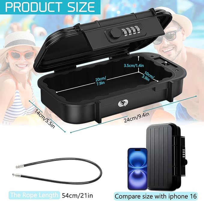 Security Case LockBox with Code, Portable Safe Box with Removable Chain Combination Lock Box Mini Anti-Theft Travel Safe Waterproof Lockable Box for Gym Hotel Dorm Home Car Pool Beach - Image 2