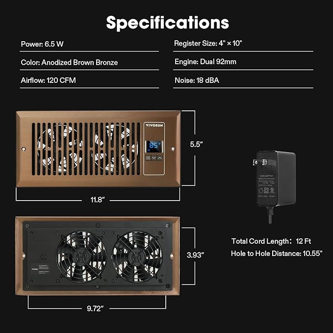 VIVOSUN Quiet Register Booster Fan 4”×10”, Smart Register Vent with Intelligent Thermostat Control, Cooling Heating AC Vent Booster Fan, Brown - Image 7