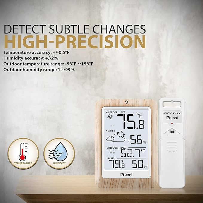 Indoor Outdoor Thermometer Wireless Weather Station, Temperature Humidity Monitor Battery Powered Inside Outside Thermometers with 330ft Range Remote Sensor and Backlight Display（Wood） - Image 5