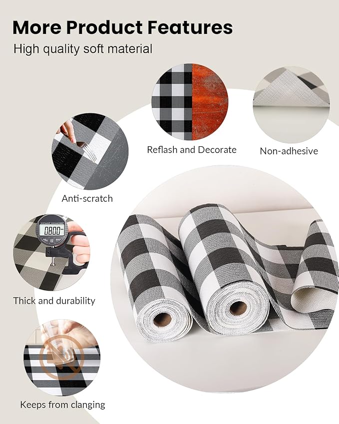 Shelf Drawer Liner for Kitchen Cabinets Non-Adhesive Non-Slip, Hide Stains & Scratches, Strong Grip Thickened Gingham Cabinet Liners for Shelves, Dresser, Cupboard, Pantry, Black/White, 11.8In x 30FT - Image 7